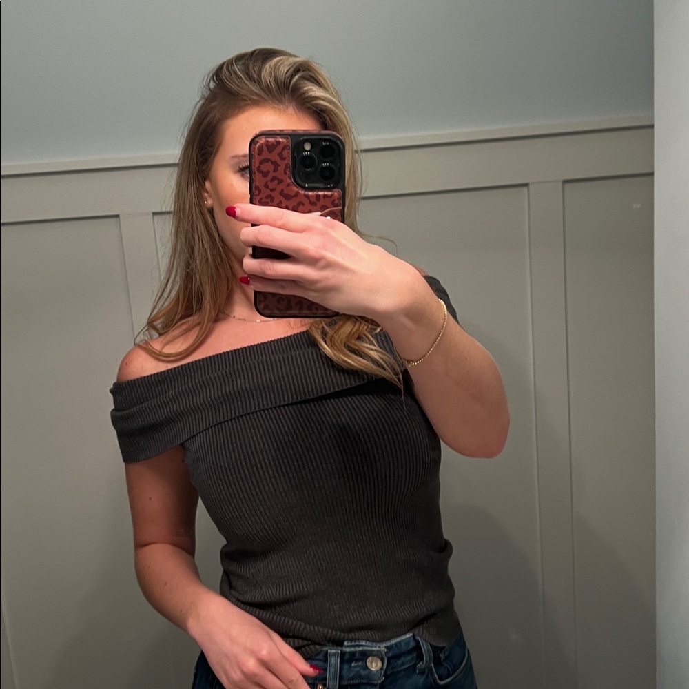 J.Crew TENCEL lyocell-blend foldover top Gray Off-Shoulder Knit shirt charcoal